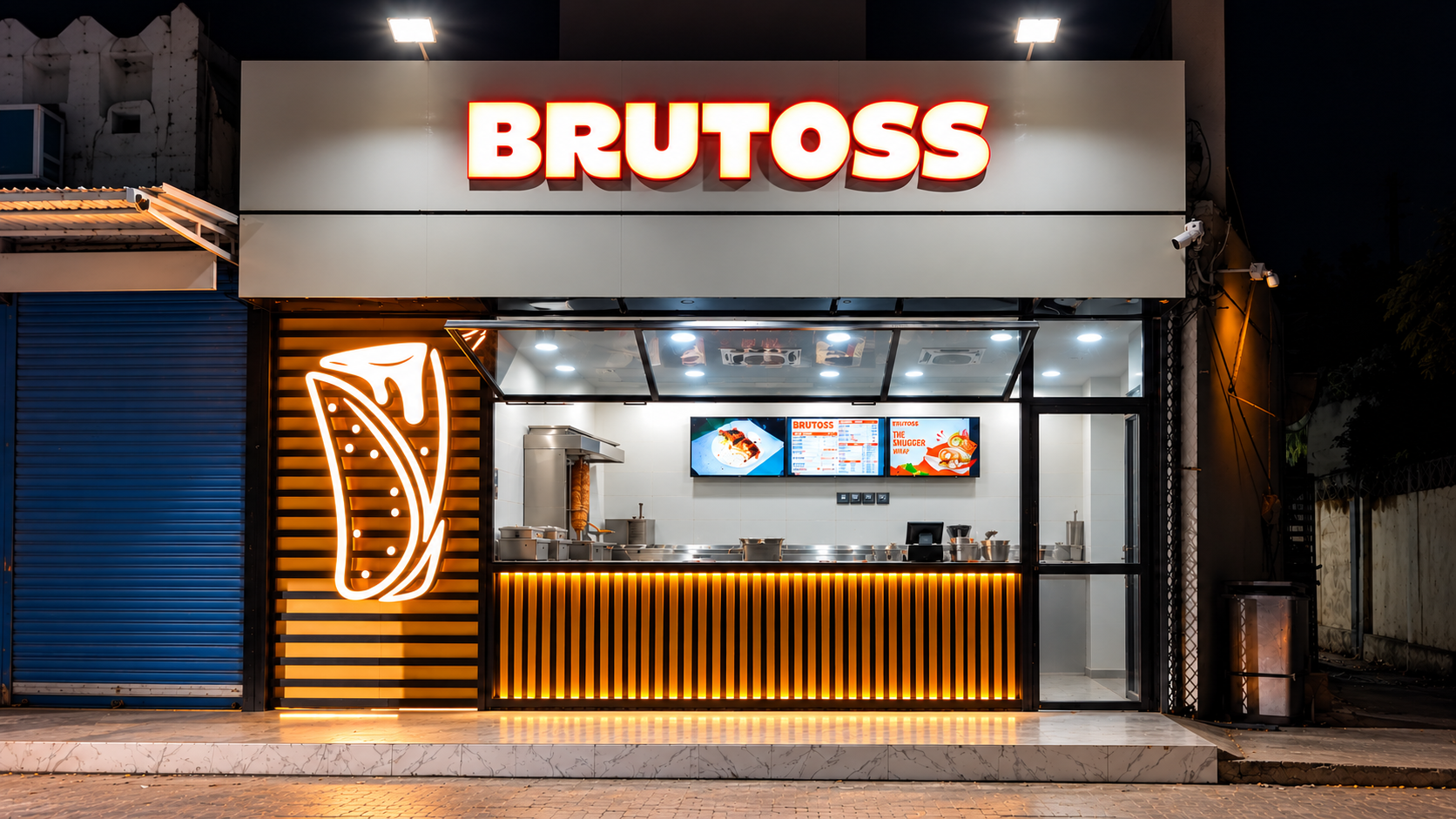 AI-reconstructed level front view of the BRUTOSS takeaway, with its illuminated sign, wrap icon and glass service counter